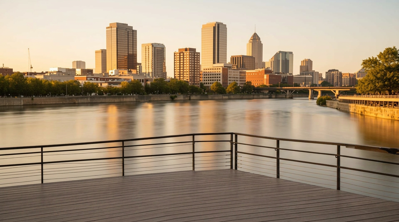 Diverse young Dayton residents — professionals, families, and youth — gathered together along the riverfront with the downtown skyline behind them.