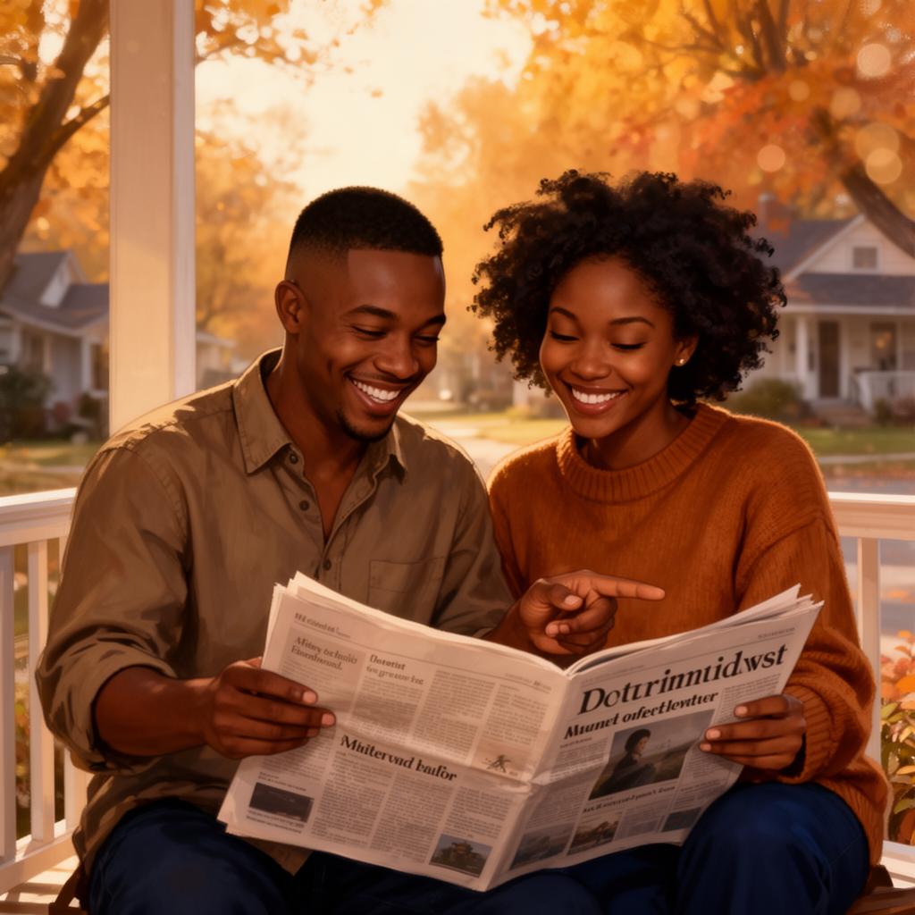 Black couple reading the Dayton Weekly News together on their porch